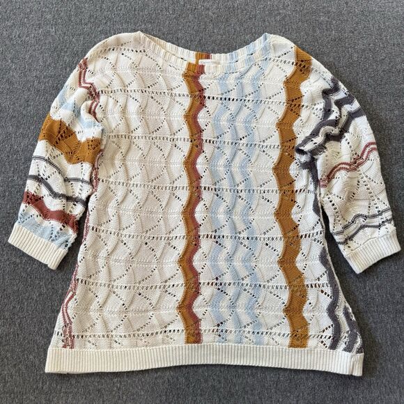Garnet Hill Striped Pointelle Knit Sweater Organic Cotton Linen Browns Womens S - Picture 1 of 5